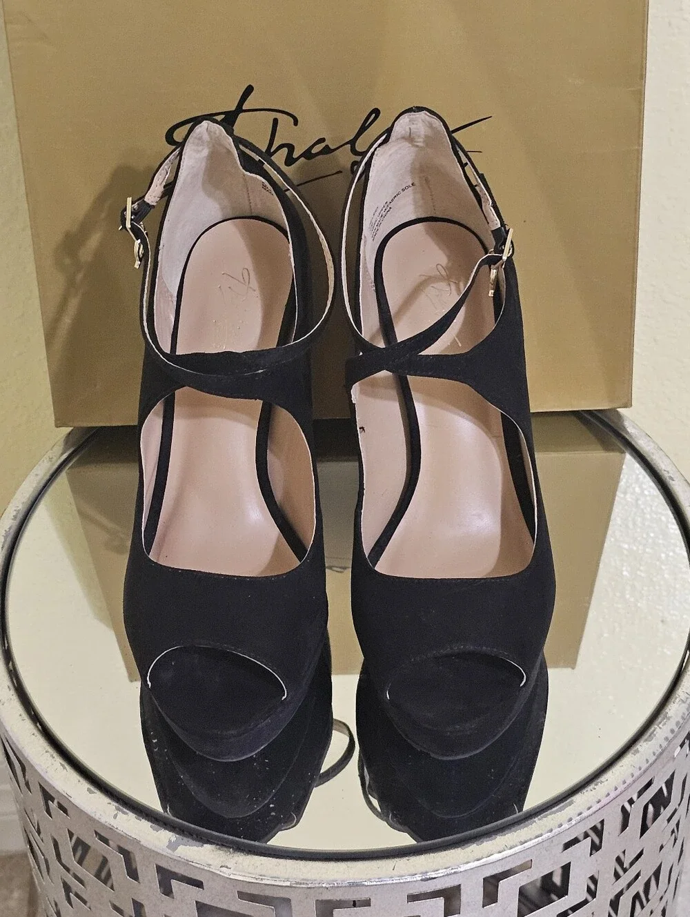 Thalia Sodi Black Suede Peep-Toe Mary Jane Heels